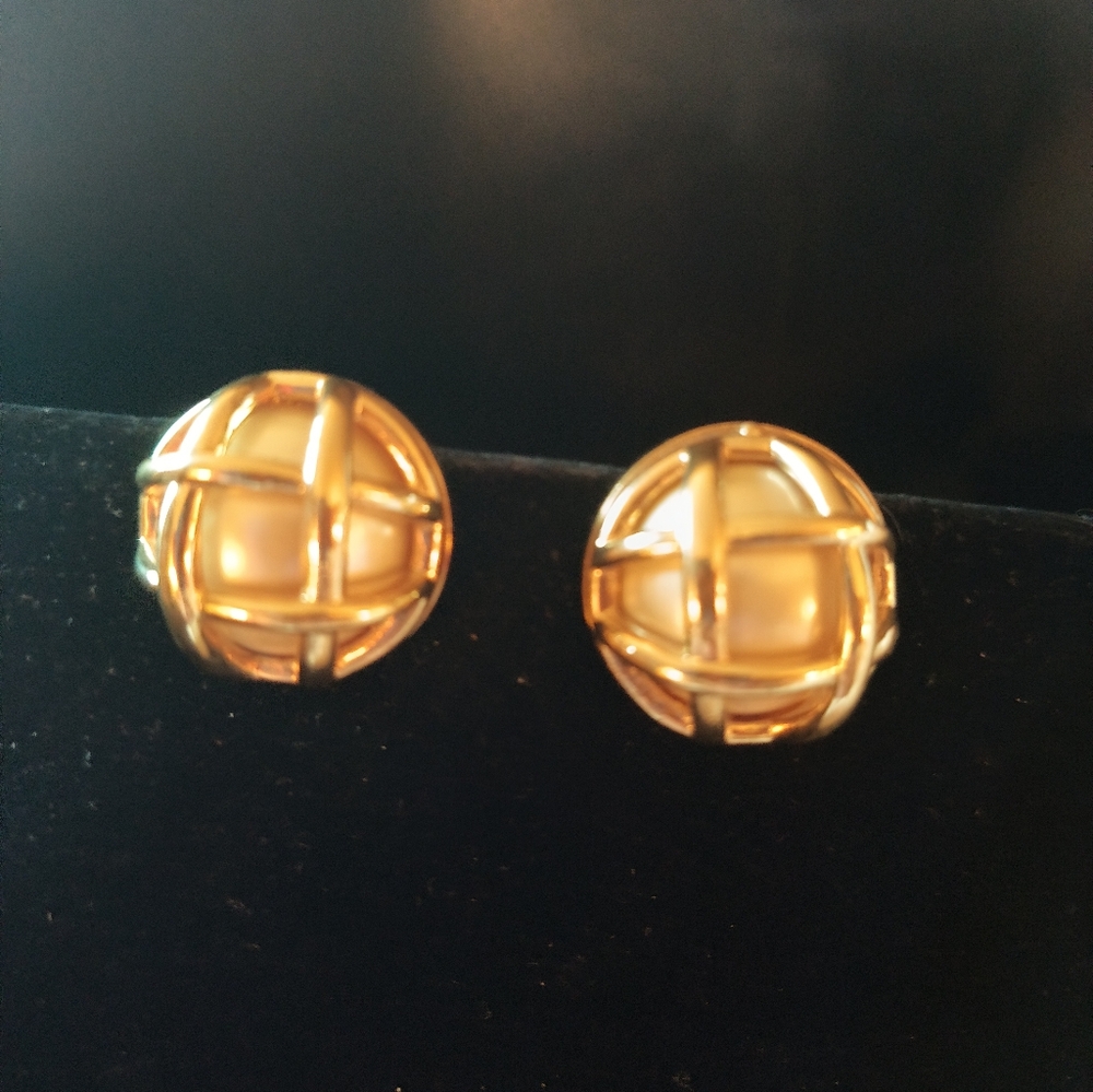 Vintage Cache Gold Pearl Cage  Button Earrings